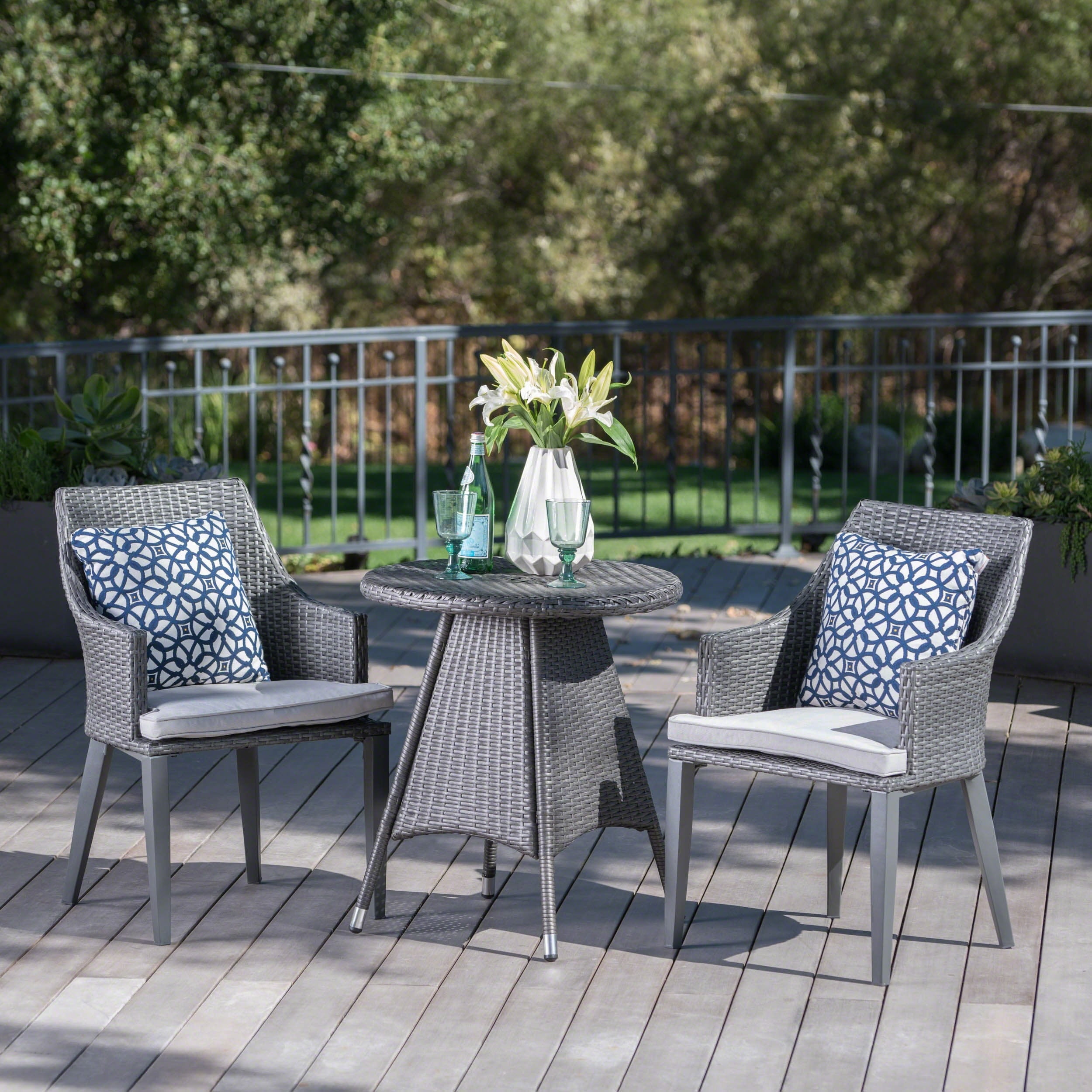 Grey and Light Grey Wicker Bistro Set with Cushions and Umbrella Hole