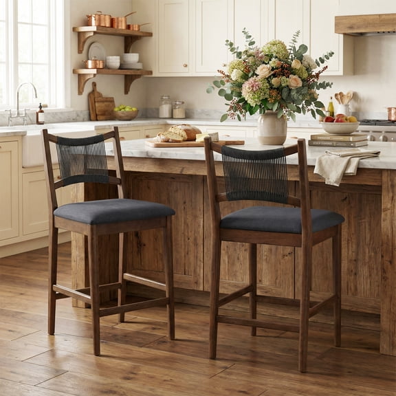 Christopher Knight Home Indoor Counter Stool Set of 2, Wood Frame with Rope Back, Charcoal + Walnut