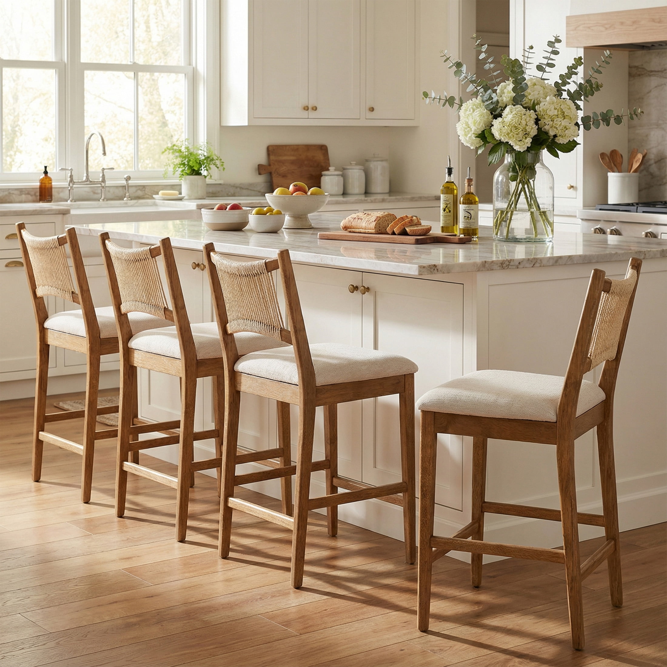 Christopher Knight Home Indoor Counter Stool Set of 4, Wood Frame with Rope Back, Beige + Walnut
