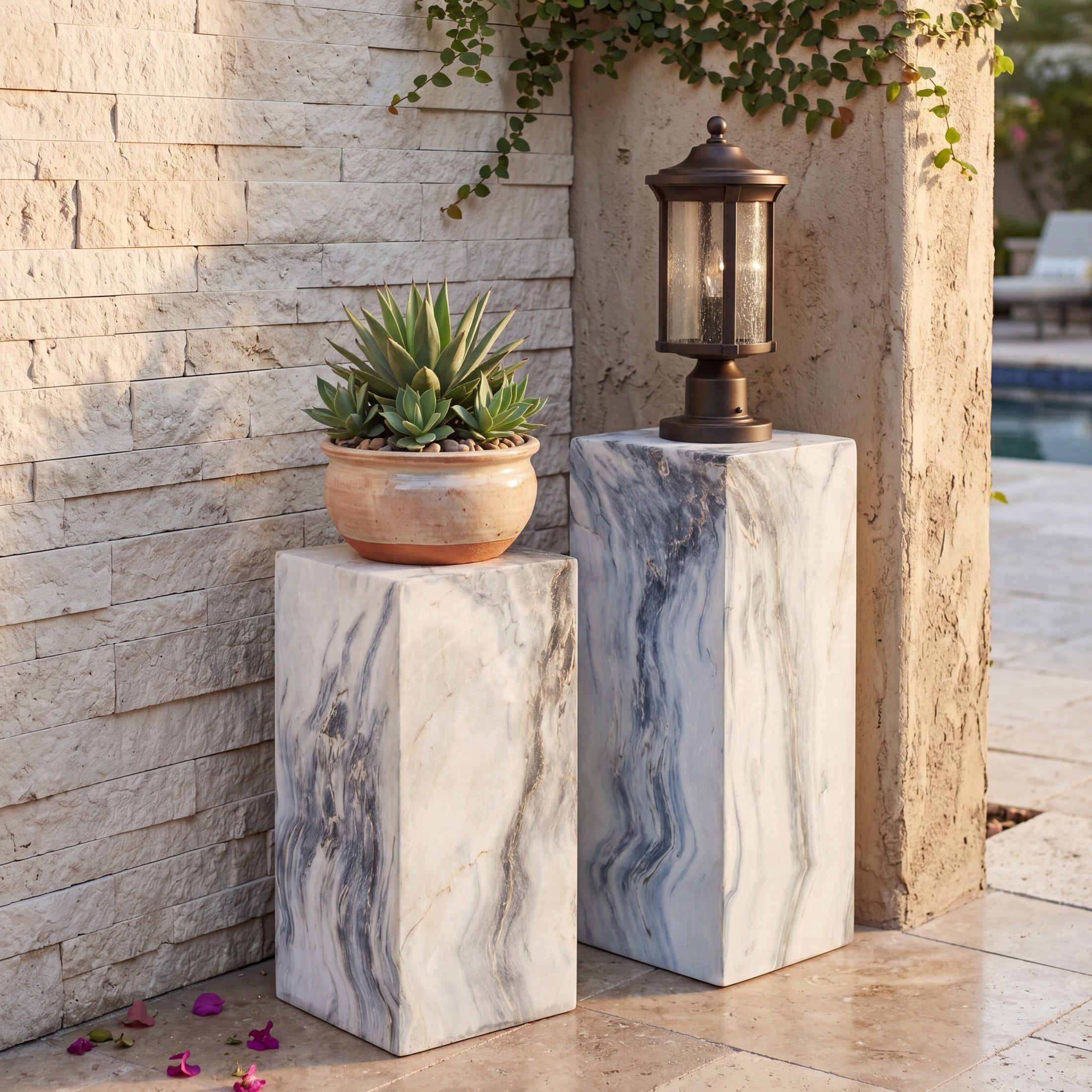 Christopher Knight Home Indoor Outdoor Handcrafted Modern Pedestal Plant Stand, Marble Effect, Set of 2