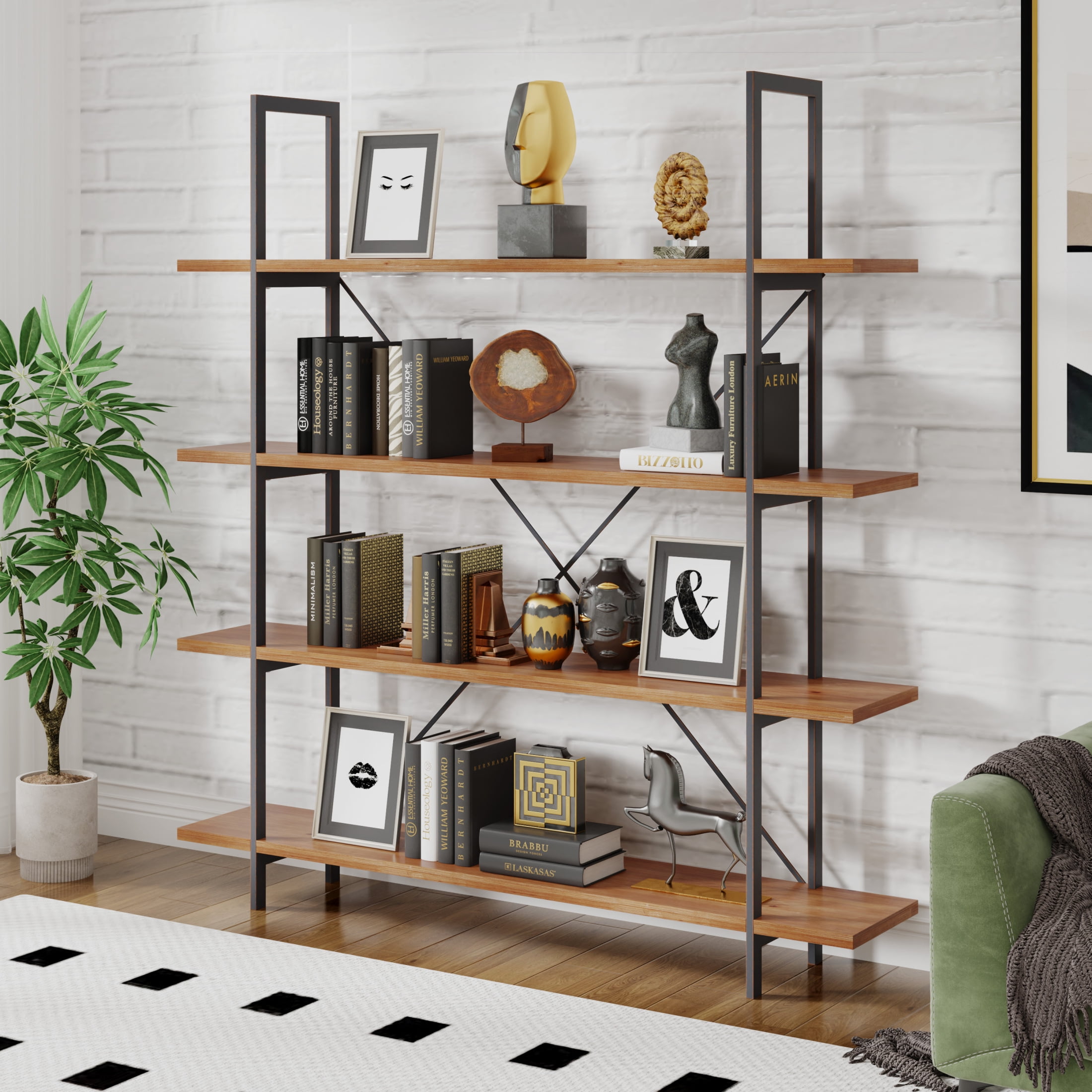 Christopher Knight Home Industrial Iron Bookcase with Solid Wood Shelves and X-Frame in Antique Black Finish