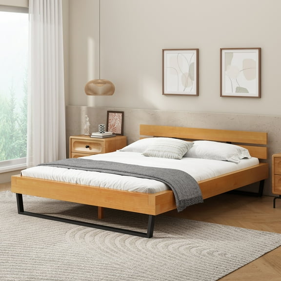 Christopher Knight Home Industrial Queen Platform Bed Frame with Headboard, Natural+Black