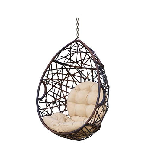 Brown Wicker Teardrop Hanging Hammock Chair with Cushions
