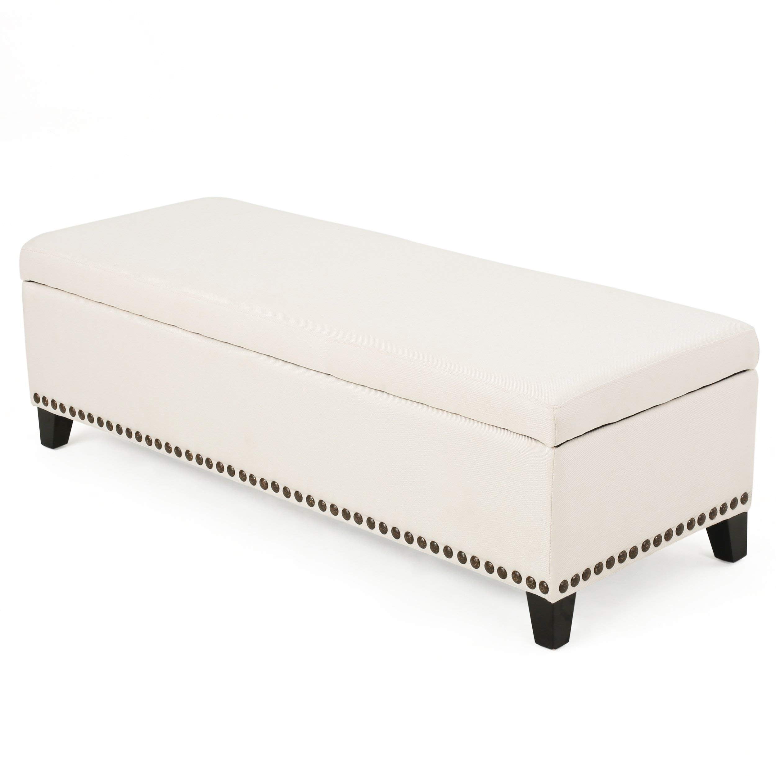 Isra Beige Fabric Storage Ottoman with Studded Base
