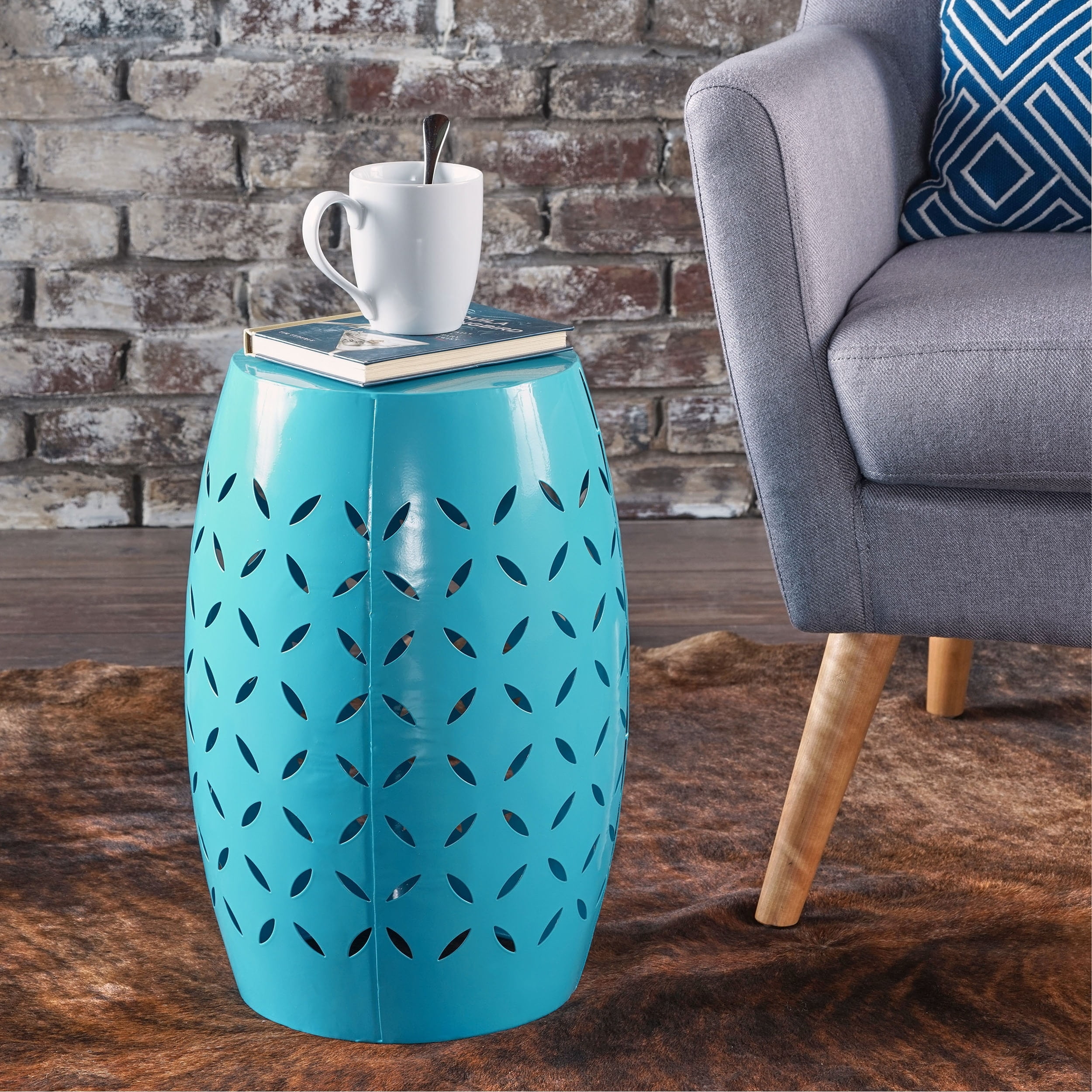 Teal Metal Lace Cut Barrel Accent Table
