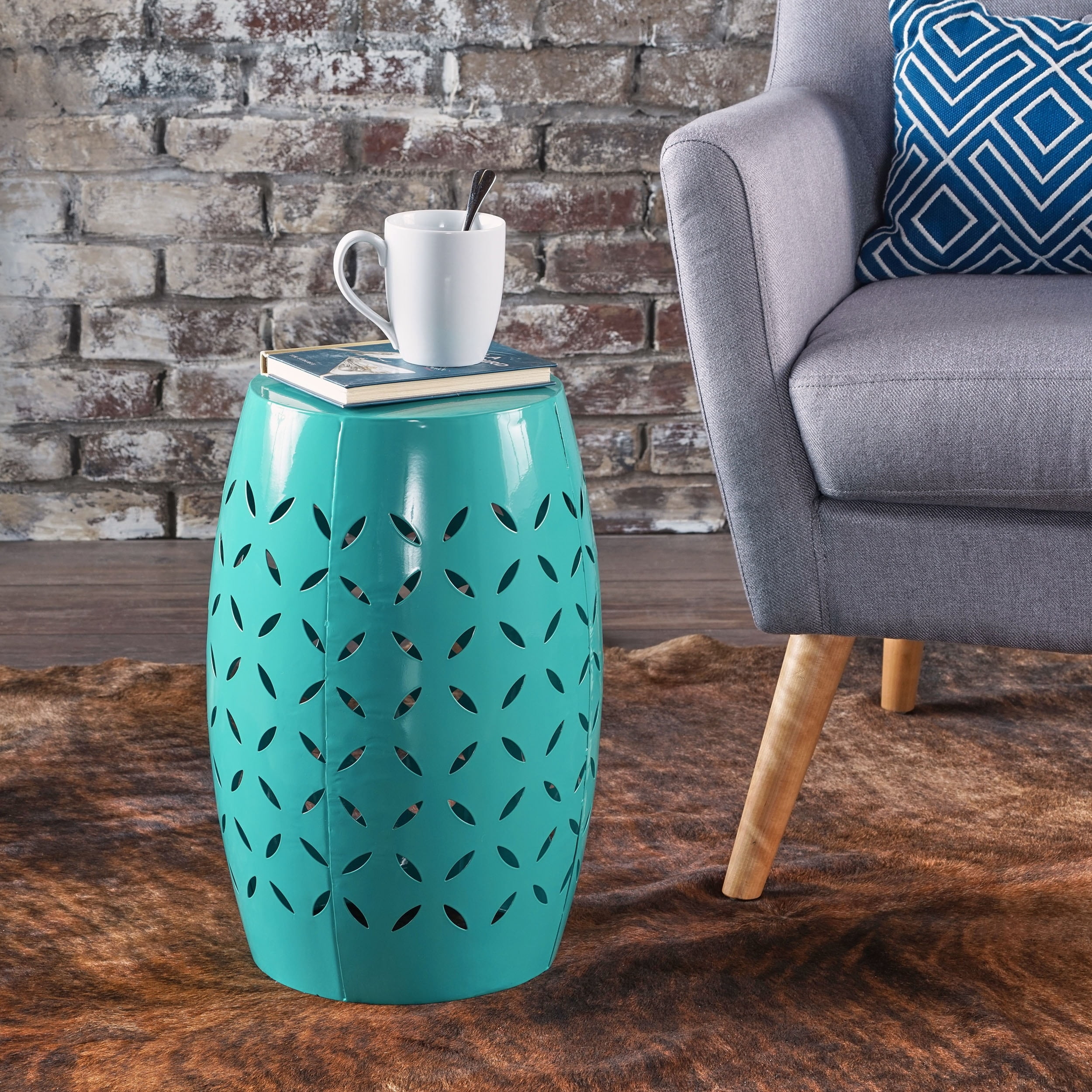 Teal Metal Lace Cut Barrel Accent Table