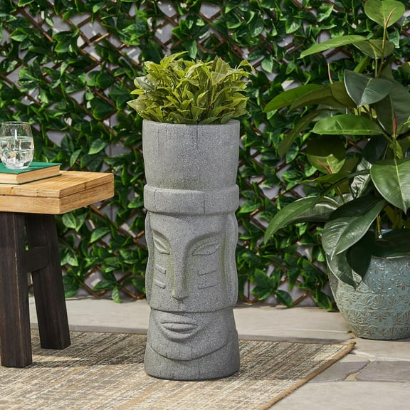 Christopher Knight Home Jorine Lightweight Concrete Planter, Cast Stone Planter, Moai Design Urn, Tall Plant Pot, Easter Island Garden Pot with Drainage Hole for Backyard Hall Garden, Stone Gray