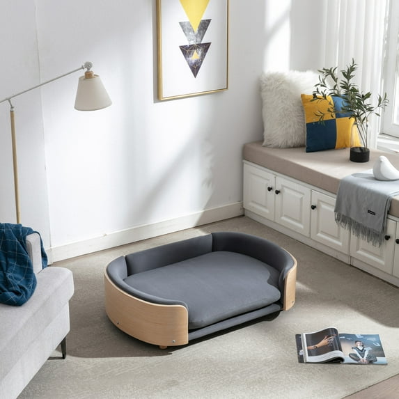 Noble House Scandinavian Elevated Large Dog Bed, Pet Sofa with Solid Wood Frame, Dark Gray and Natural