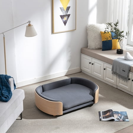 Noble House Scandinavian Elevated Large Dog Bed, Pet Sofa with Solid Wood Frame, Dark Gray and Natural