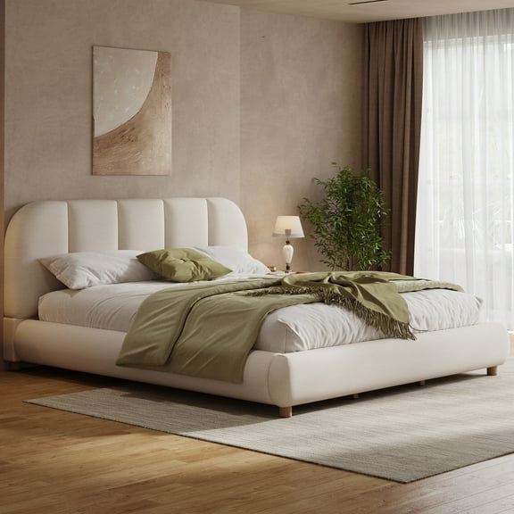 Christopher Knight Home King Bed Frame with Curved Headboard & Wooden Legs, Linen Fabric, Beige