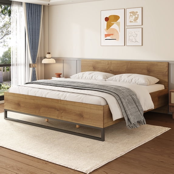 Christopher Knight Home King Bed Frame with Headboard, Two-Tone Platform Design, Natural+Black