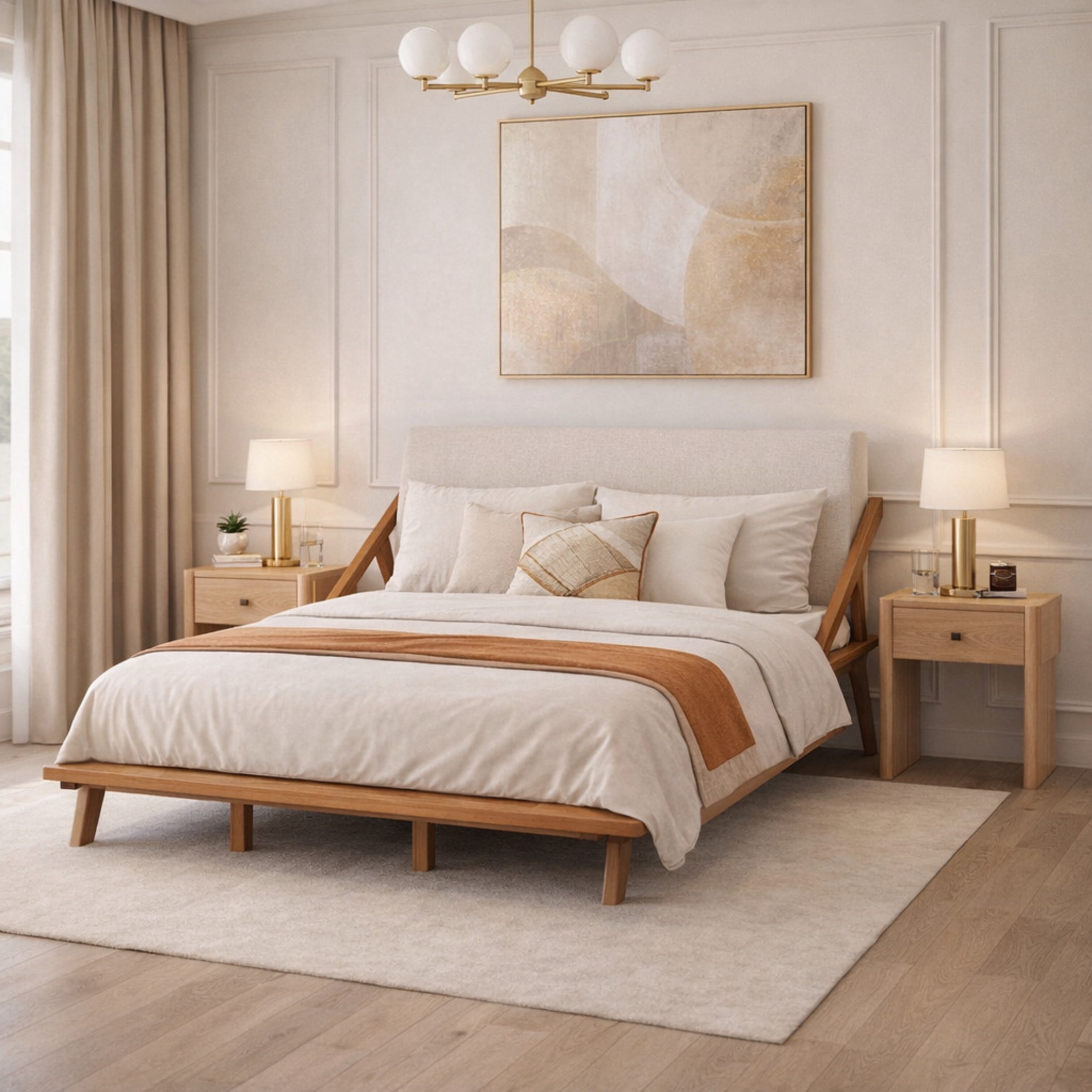 Christopher Knight Home King Bed Frame with Upholstered Headboard and 2 Natural Nightstands, Beige+Natural