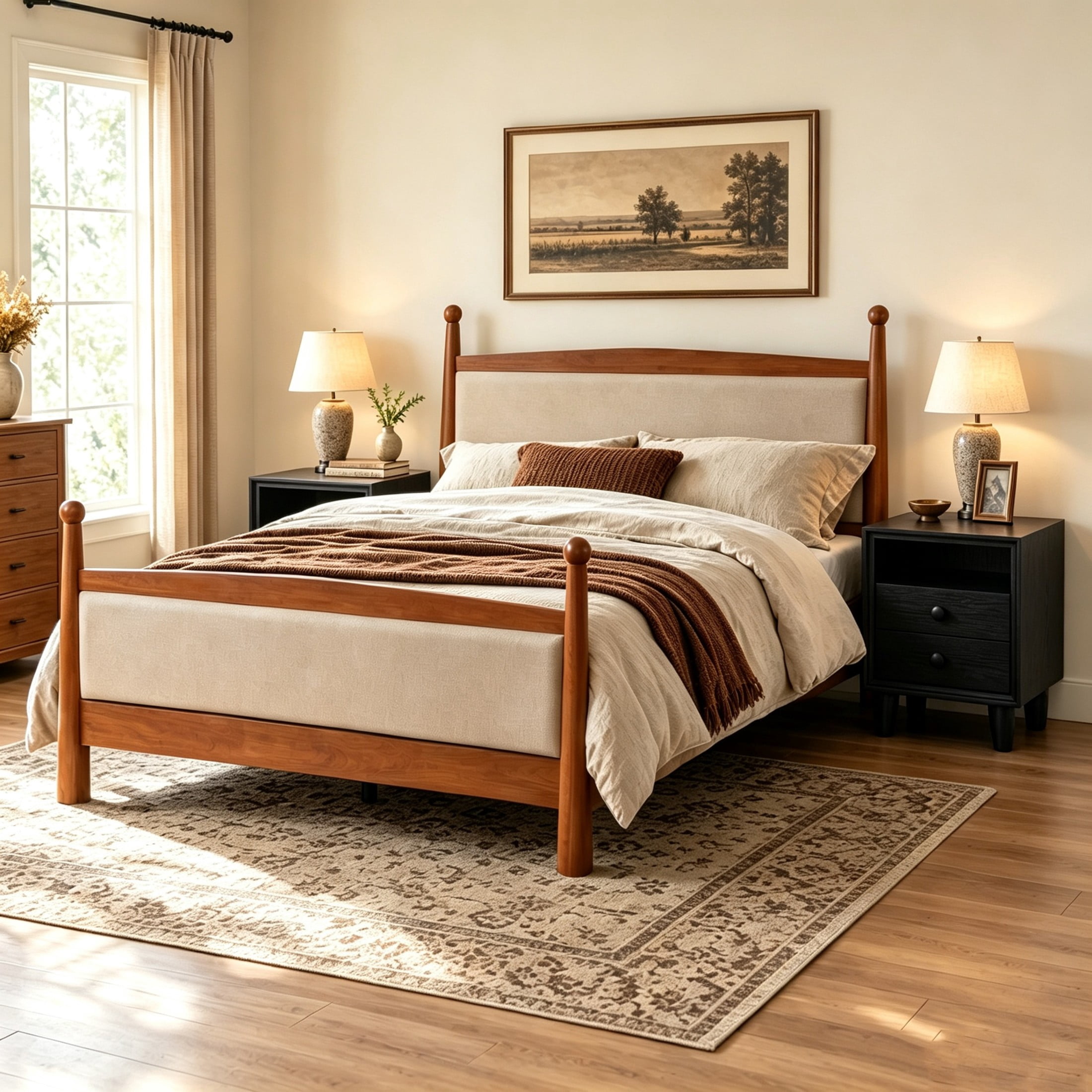 Christopher Knight Home King Bedroom Furniture Set with Upholstered Bed and 2 Nightstands, Cherry+Black