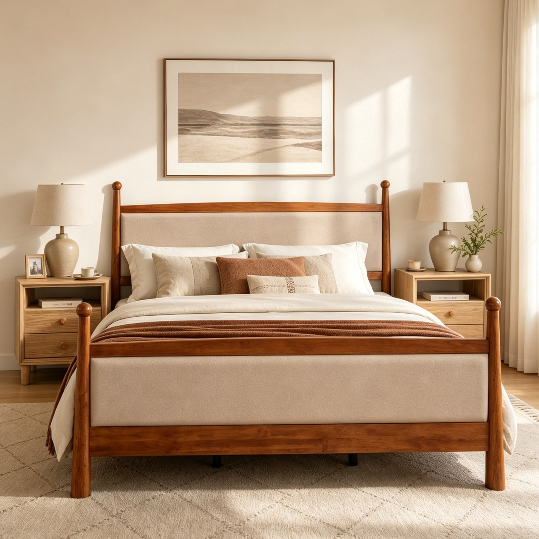 Christopher Knight Home King Bedroom Furniture Set with Upholstered Bed and 2 Nightstands, Cherry+Natural