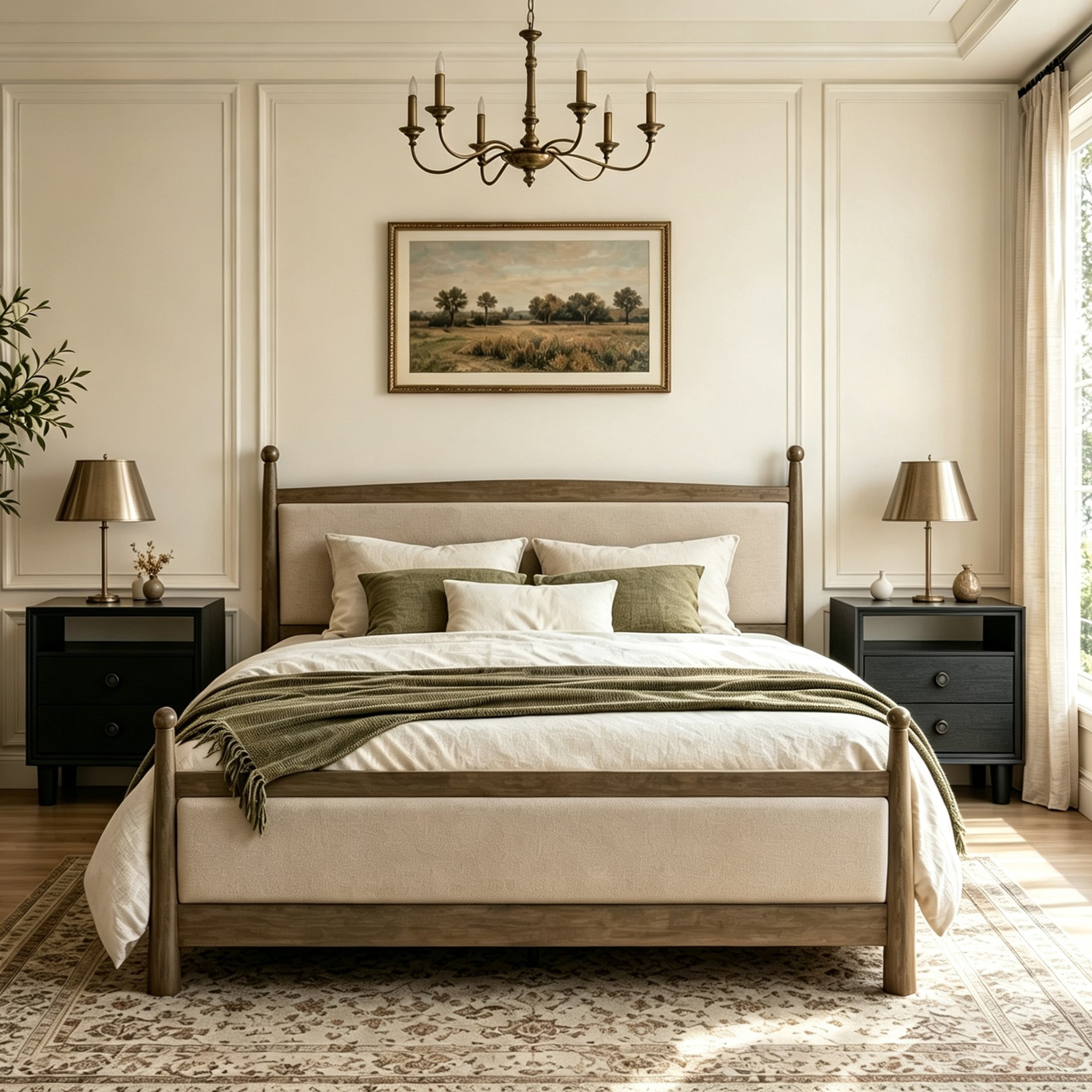 Christopher Knight Home King Bedroom Furniture Set with Upholstered Bed and 2 Nightstands, Natural+Black