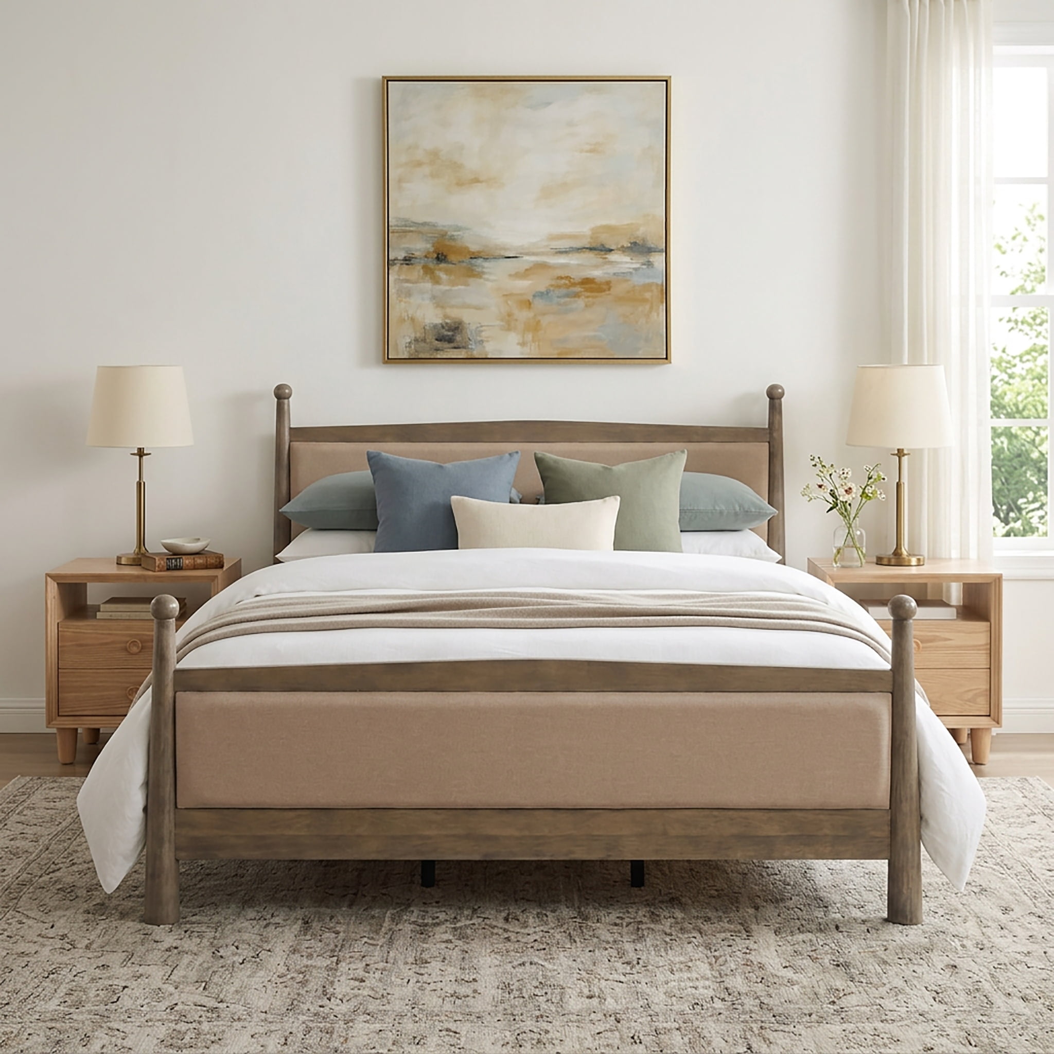 Christopher Knight Home King Bedroom Furniture Set with Upholstered Bed and 2 Nightstands, Natural
