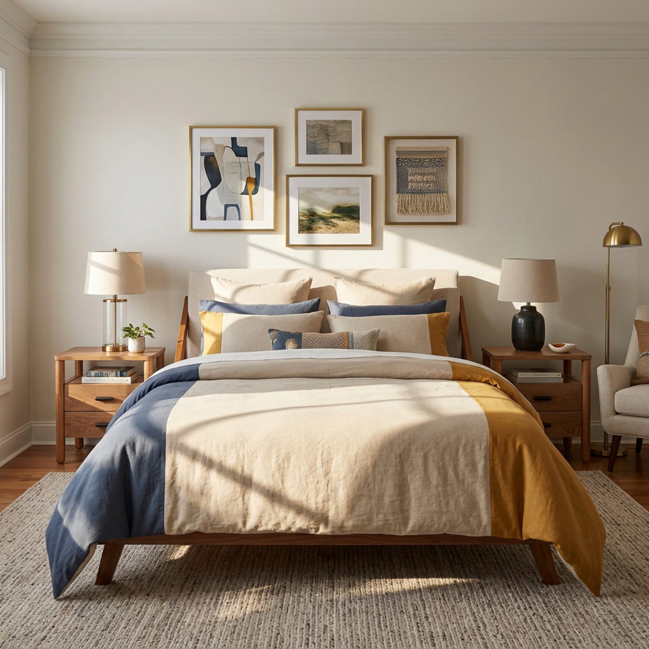 Christopher Knight Home King Bedroom Set, Beige Upholstered Platform Bed with 2 Brown Nightstands