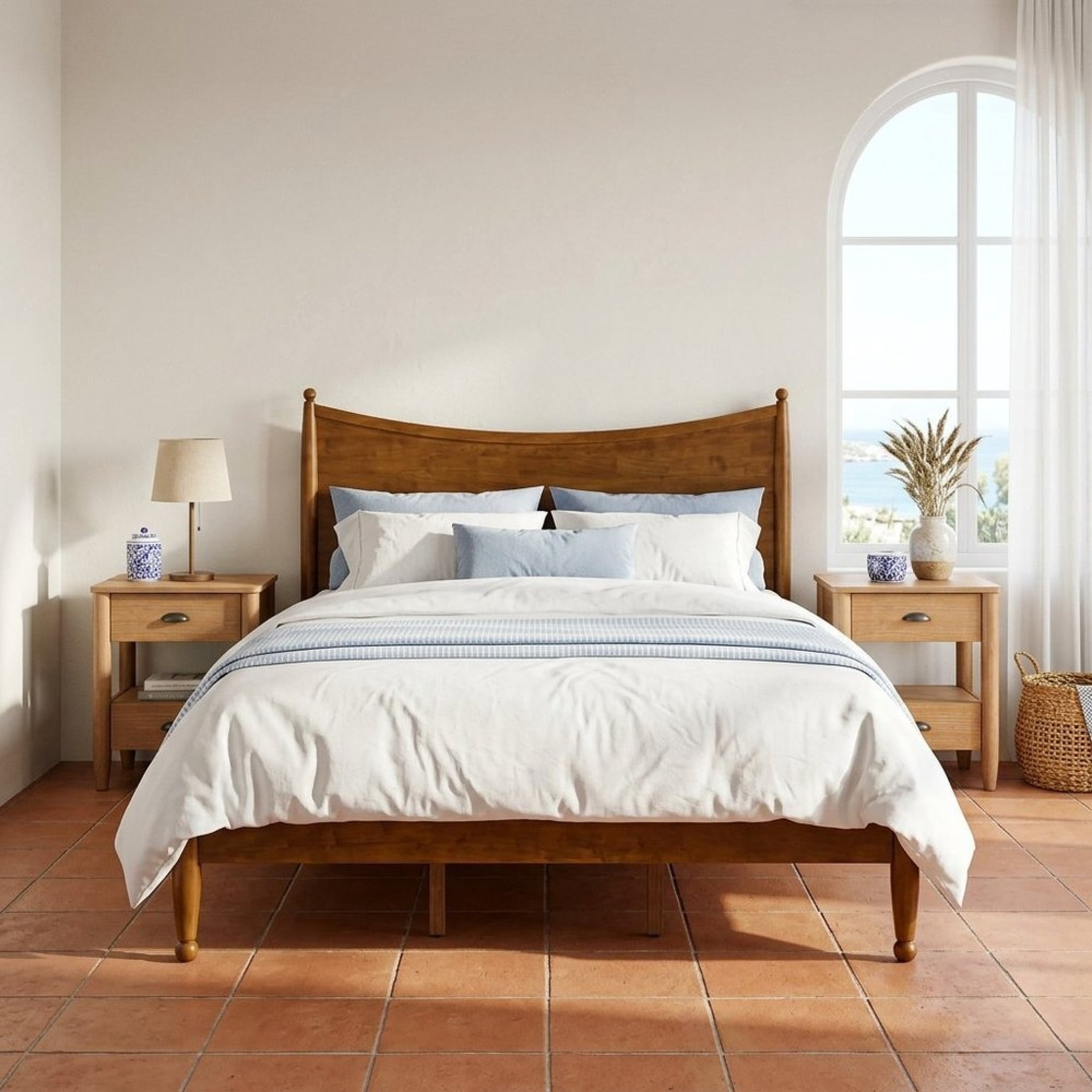 Christopher Knight Home King Bedroom Set, Wood Bed with Curved Headboard and 2 Nightstands, Brown+Natural