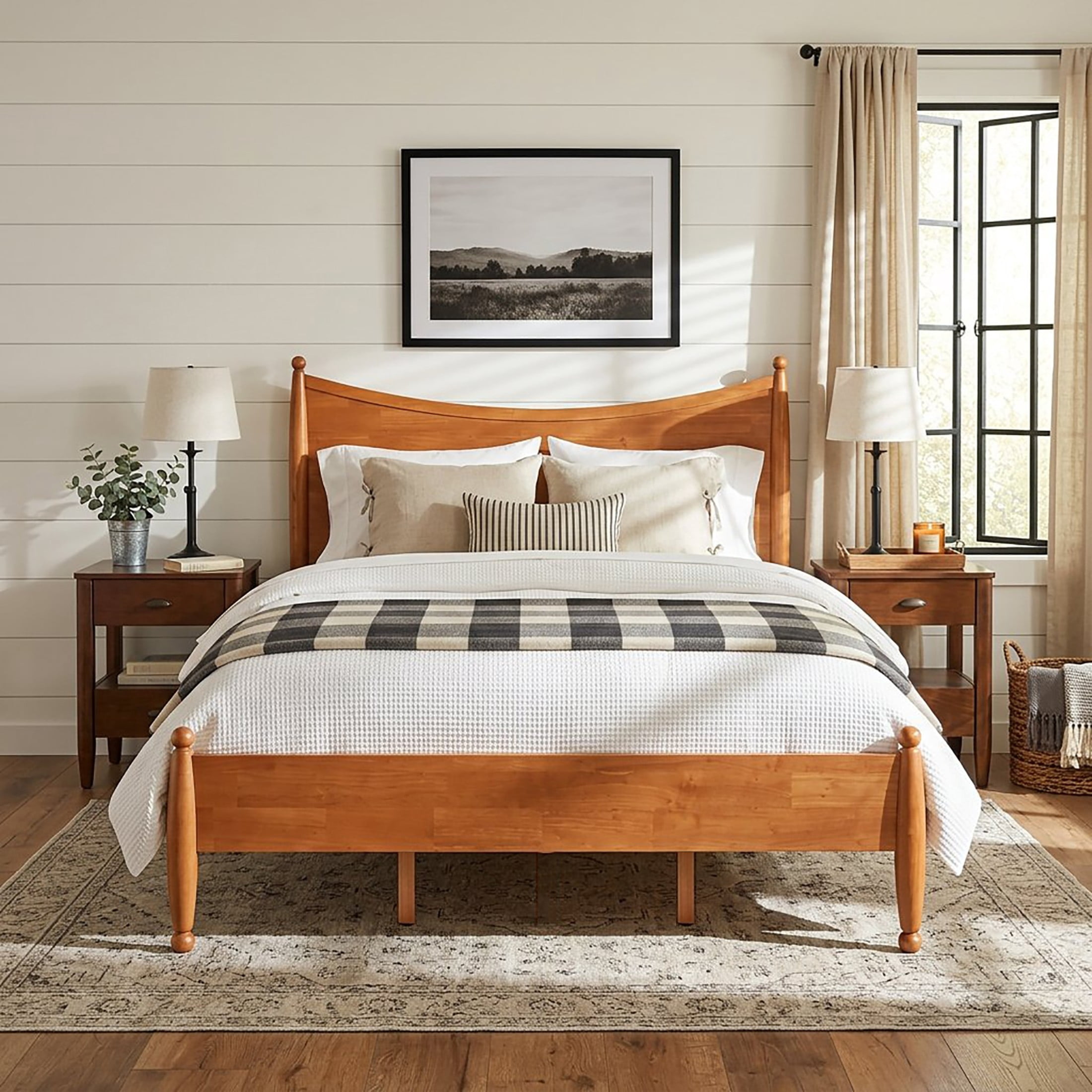 Christopher Knight Home King Bedroom Set, Wood Bed with Curved Headboard and 2 Nightstands, Honey Oak+Walnut