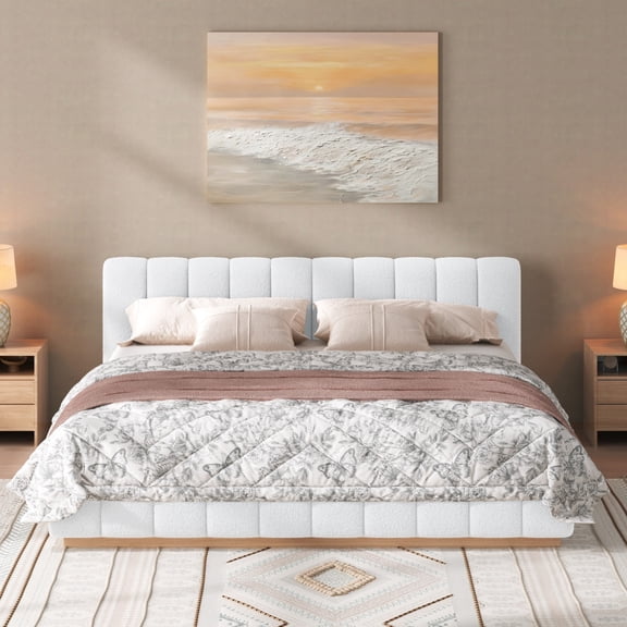 Christopher Knight Home King Bouclé Upholstered Platform Bed Frame, Floating Design with Rubber Wood Base, White