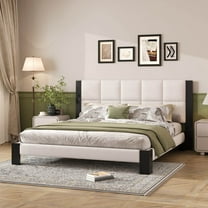 Christopher Knight Home King Boucle Upholstered Bed Frame with Square-Stitched Headboard, Beige and Black