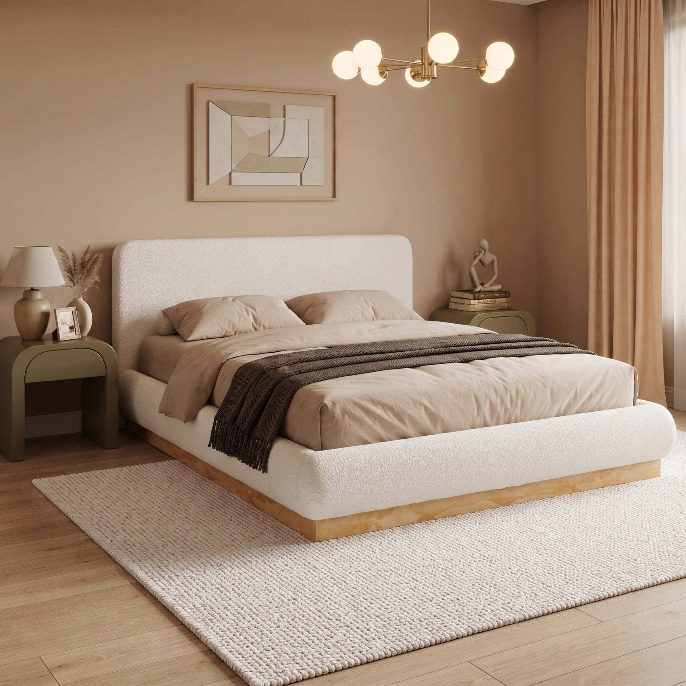 Christopher Knight Home King Boucle Upholstered Platform Bed Frame with Headboard, Natural+White