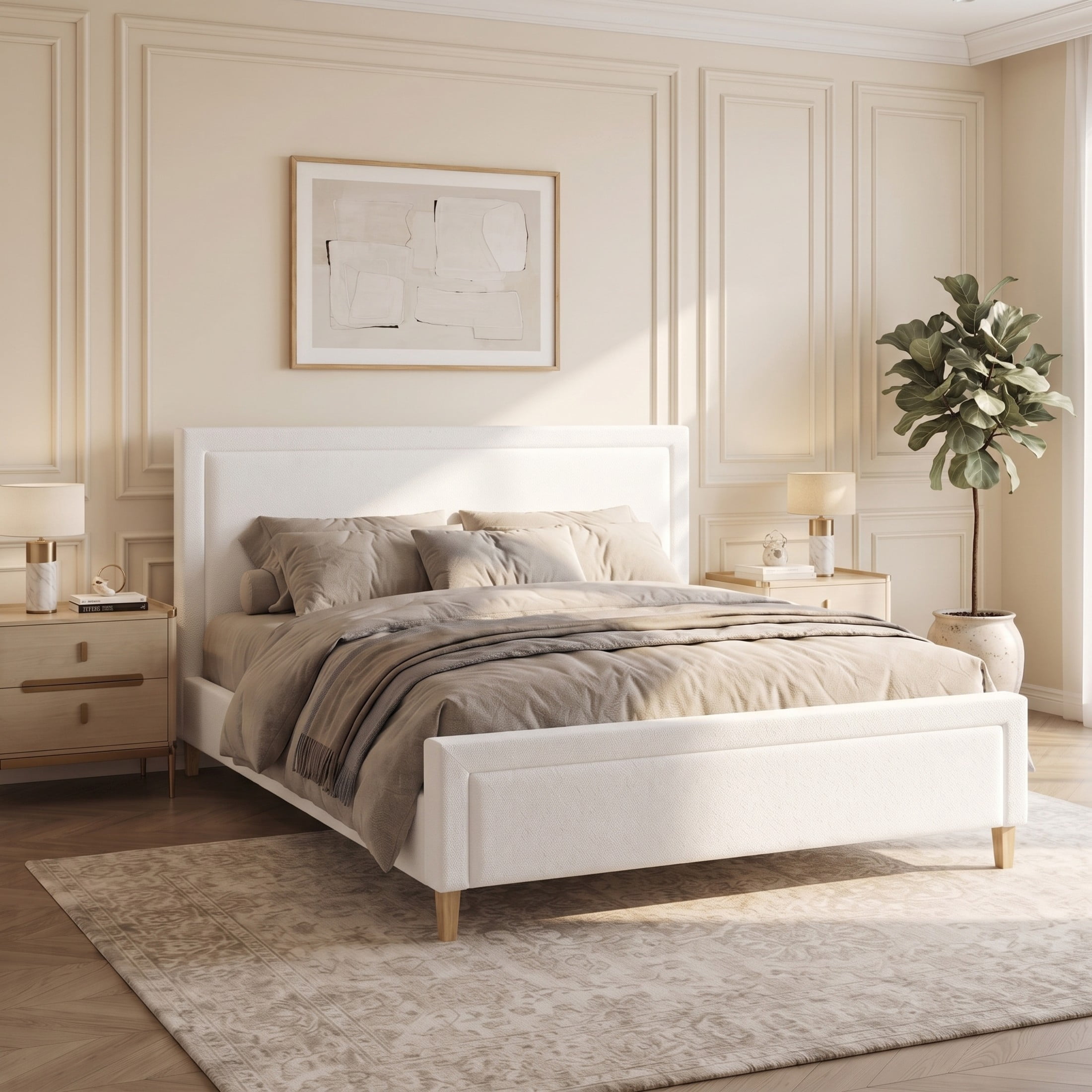 Christopher Knight Home King Boucle Upholstered Platform Bed with Thick Padded Headboard, Ivory