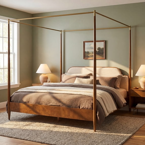 Christopher Knight Home King Canopy Bed Frame with Fleece Upholstered, Wood Frame, Brown+Off White
