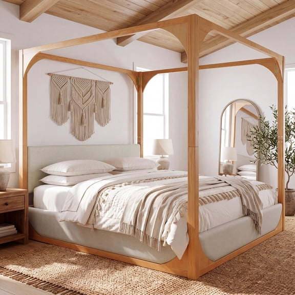 Christopher Knight Home King Canopy Bed Frame with Upholstered Headboard and Side Rails, Light Gray+Natural