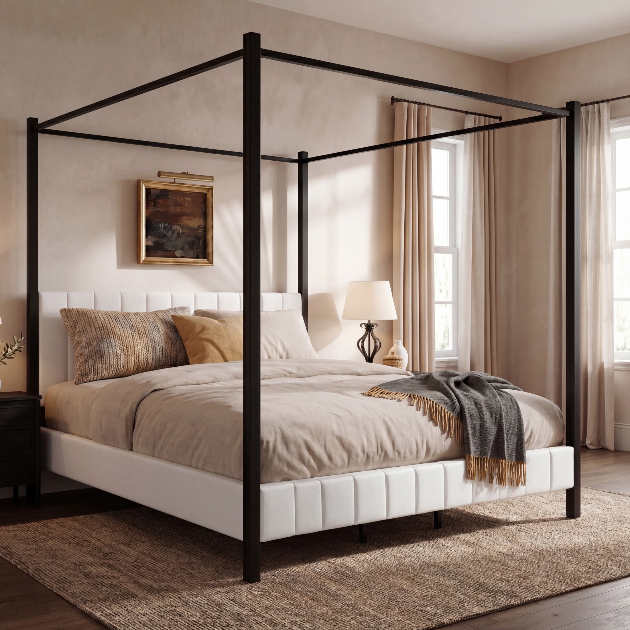 Christopher Knight Home King Canopy Bed, Metal Frame with Upholstered Headboard & Footboard, White+Black