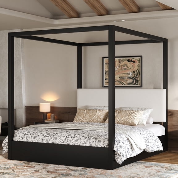 Christopher Knight Home King Canopy Platform Bed, Upholstered Headboard, Solid Wood Frame, Black