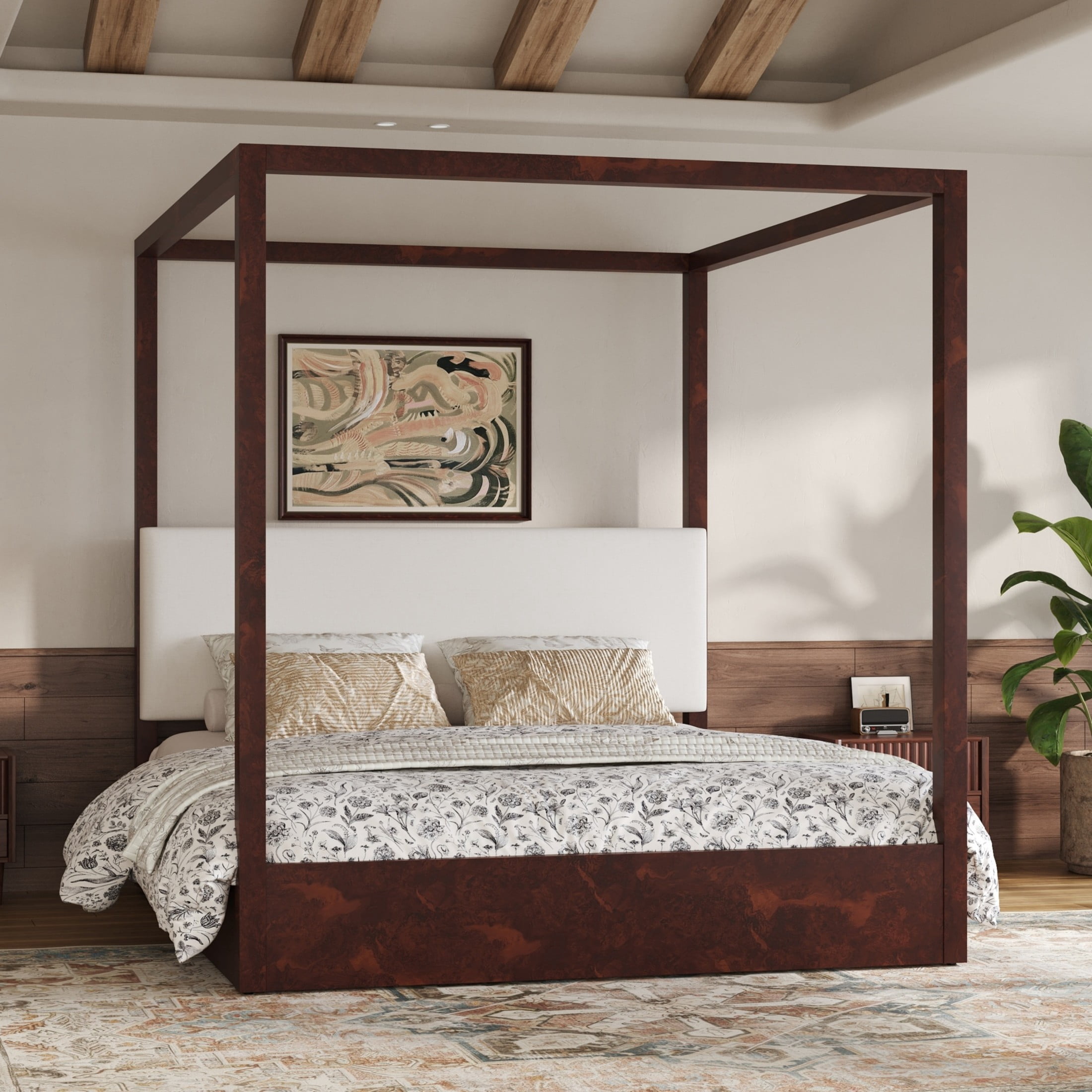 Christopher Knight Home King Canopy Platform Bed, Upholstered Headboard, Solid Wood Frame, Espresso
