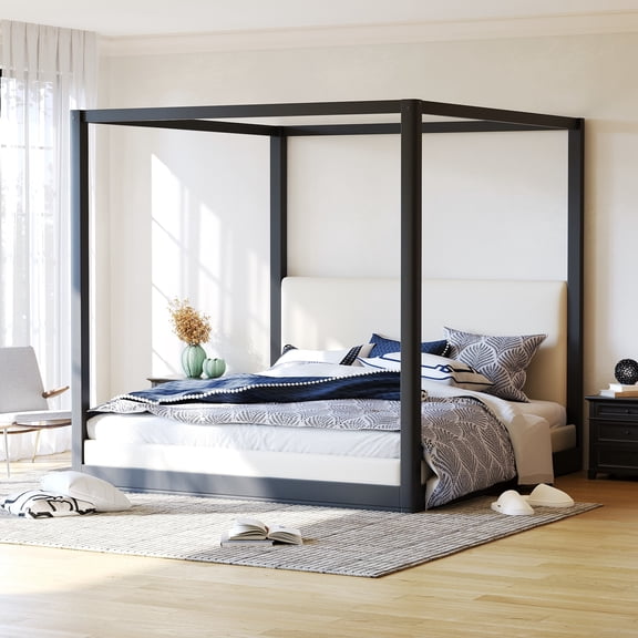 Christopher Knight Home King Canopy Platform Bed, Wood Frame with White Upholstered Headboard, Black