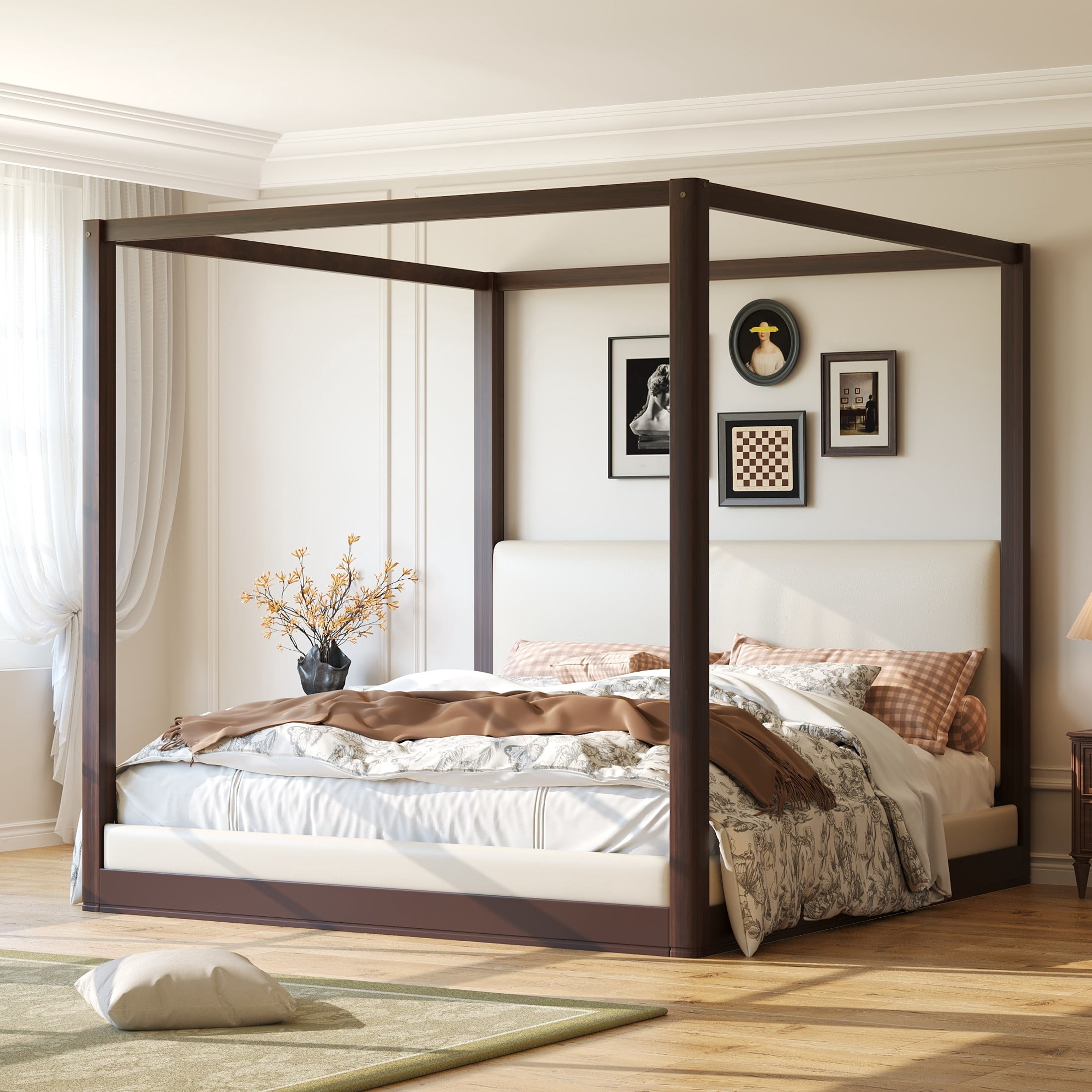 Christopher Knight Home King Canopy Platform Bed, Wood Frame with White Upholstered Headboard, Espresso