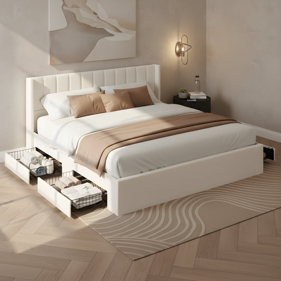 Christopher Knight Home King Chenille Upholstered Storage Bed Frame with 4 Drawers, Beige