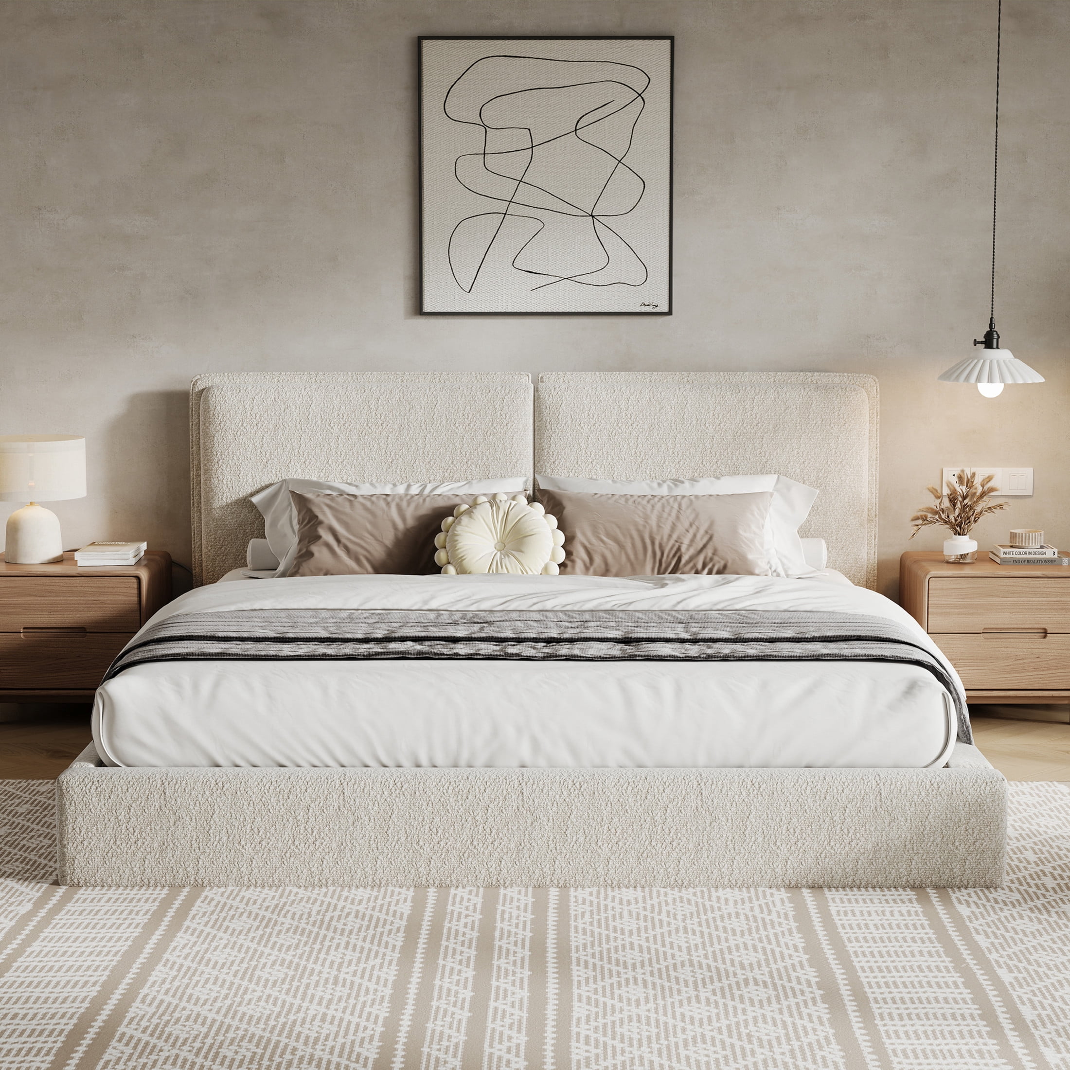 Christopher Knight Home King Double Pillow Bed Frame, Boucle Headboard Platform Bed, Beige