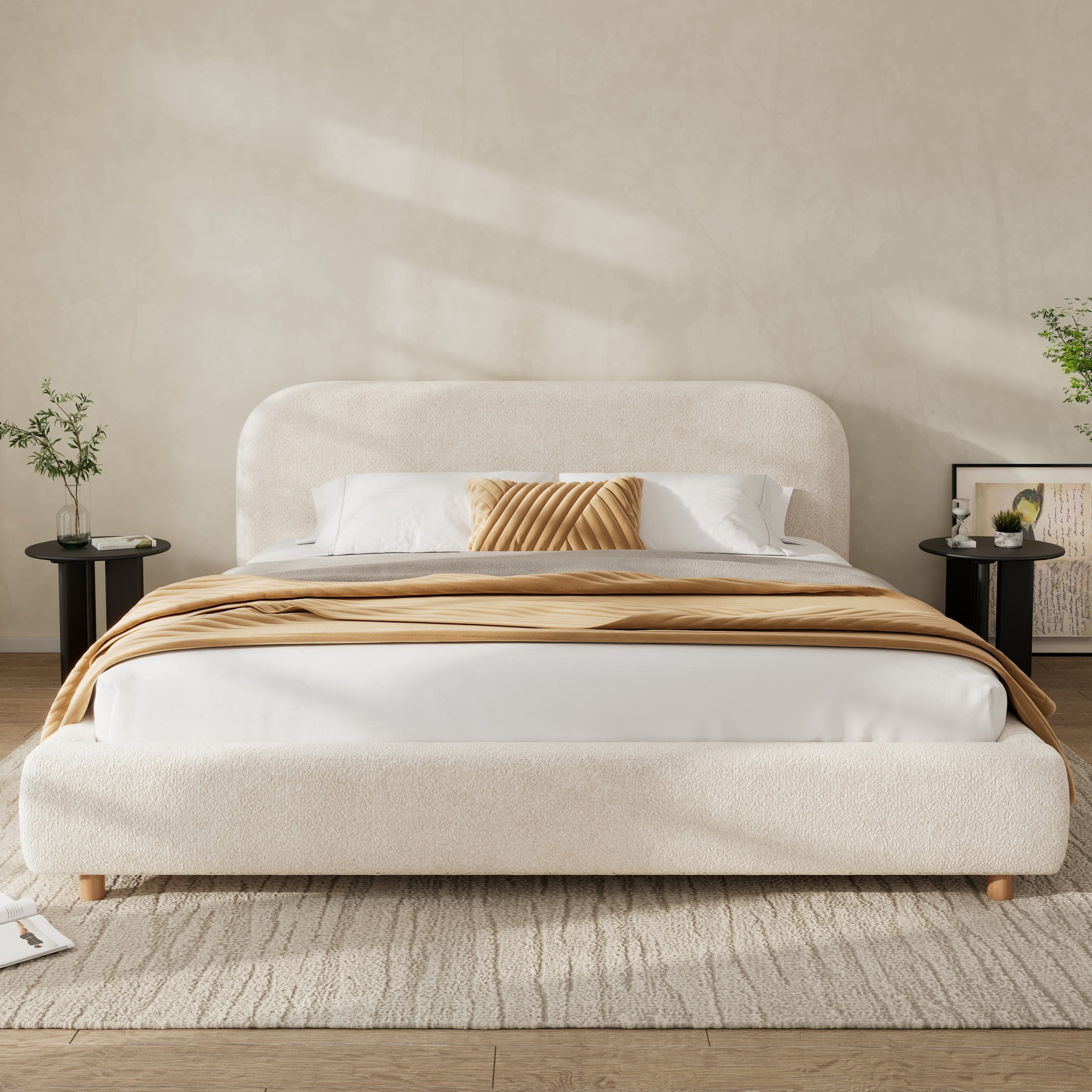 Christopher Knight Home King Hydraulic Lift Platform Storage Bed, Upholstered Curved Headboard, Cream White