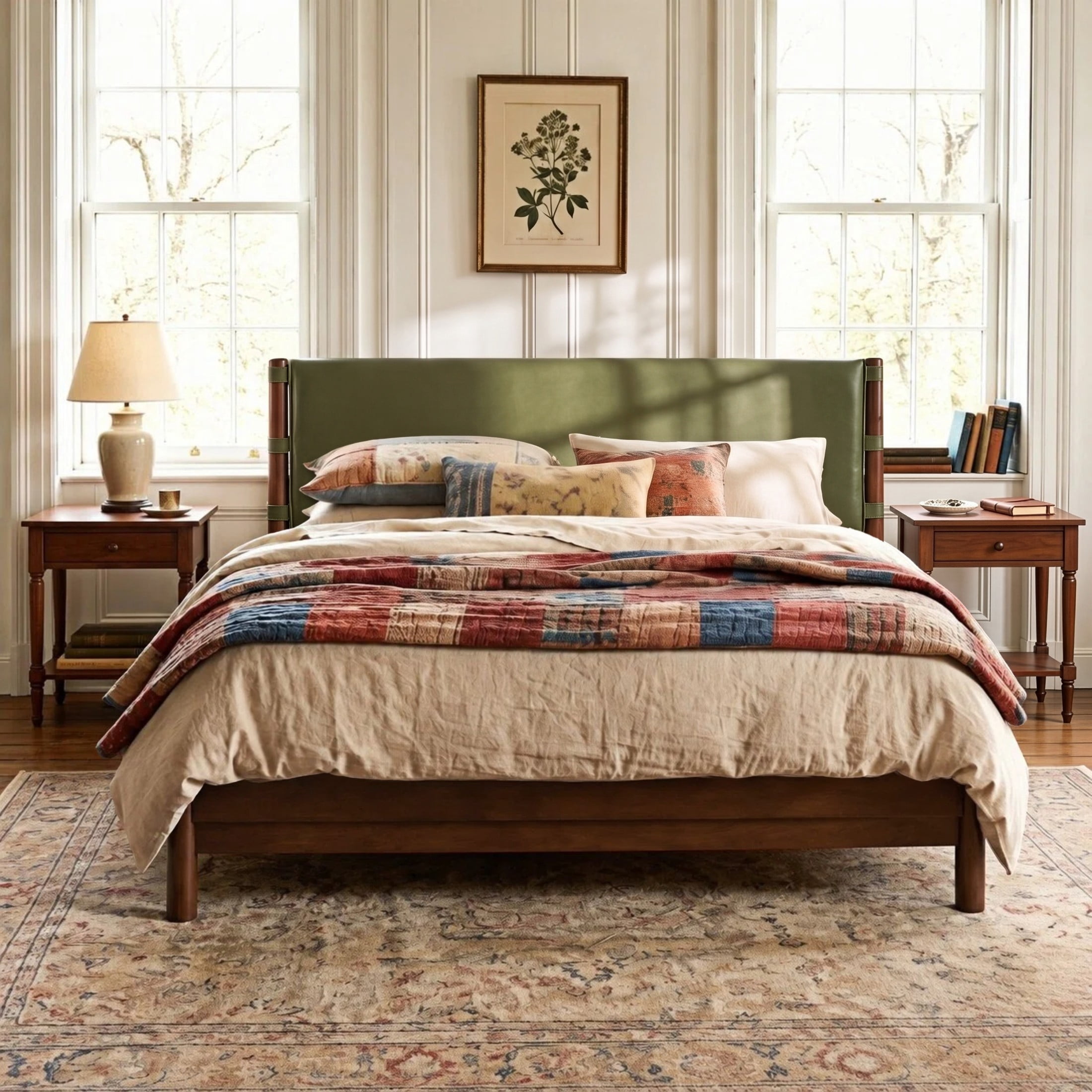 Christopher Knight Home King Modern Wood Platform Bed with PU Upholstered Headboard, Walnut+Olive