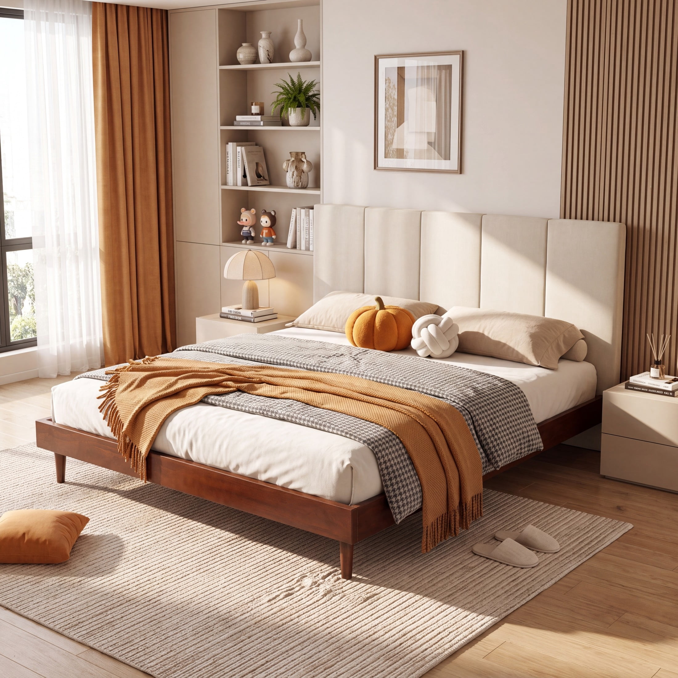 Christopher Knight Home King Platform Bed Frame with Channel Upholstered Headboard, Walnut+Beige