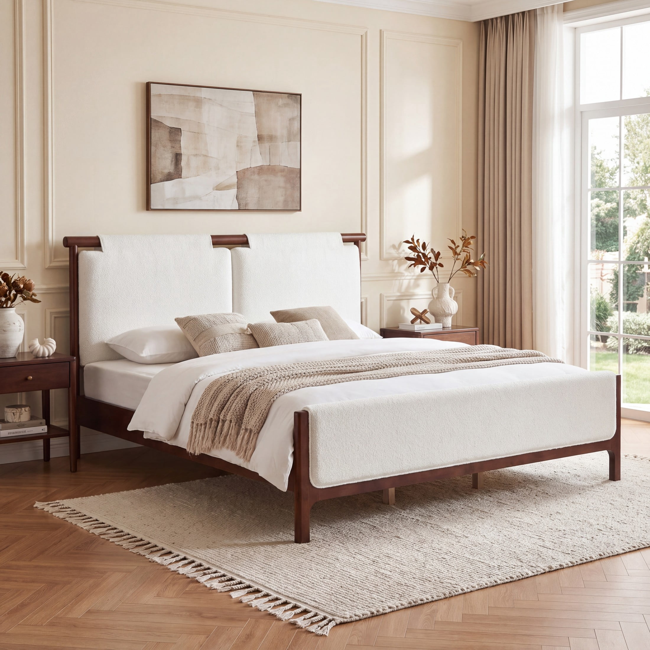 Christopher Knight Home King Platform Bed with White Upholstered, Wood Frame, Dark Walnut Finish