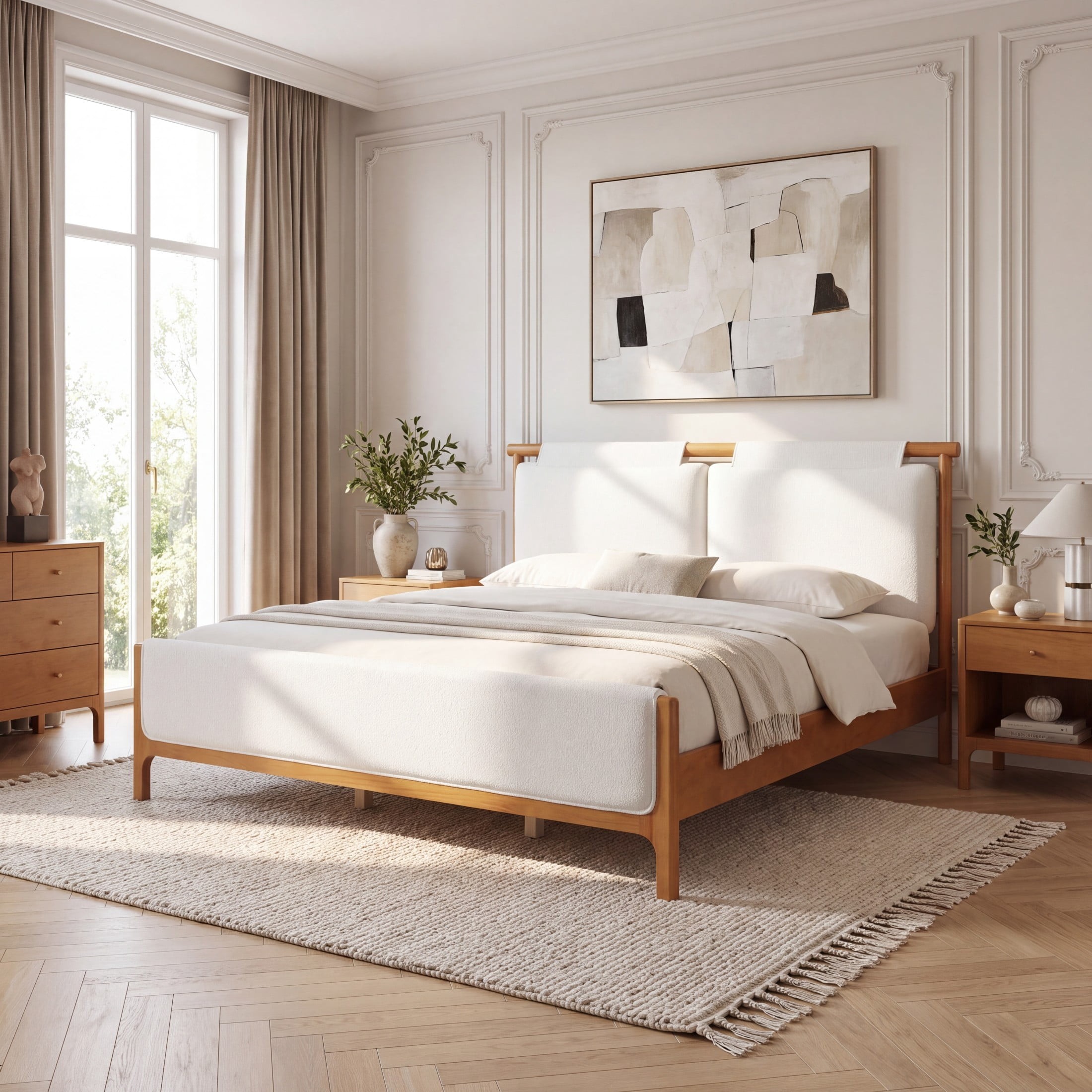 Christopher Knight Home King Platform Bed with White Upholstered, Wood Frame, Natural Finish