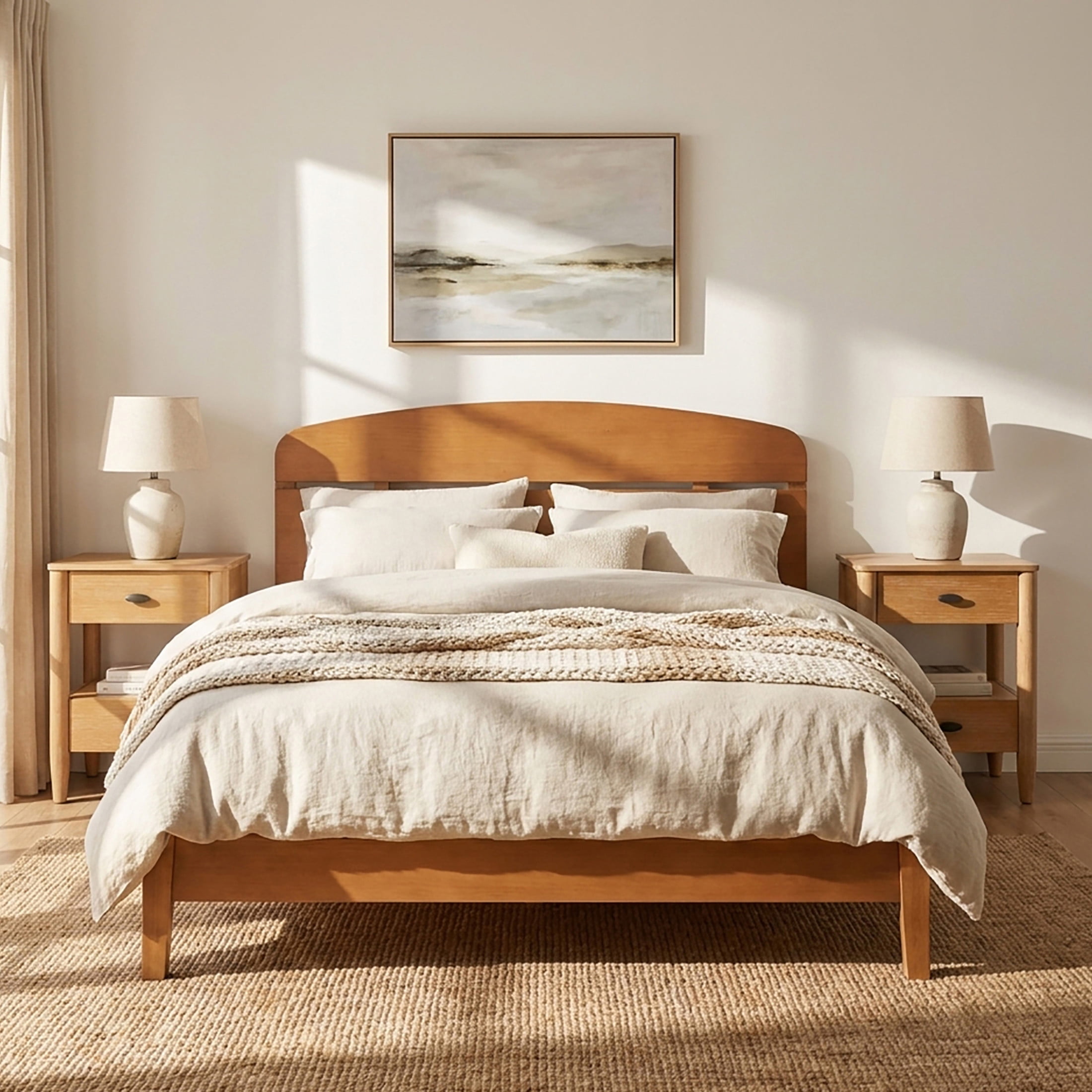 Christopher Knight Home King Platform Bedroom Set, Curved Headboard Bed with 2 Nightstands, Light Brown+Natural