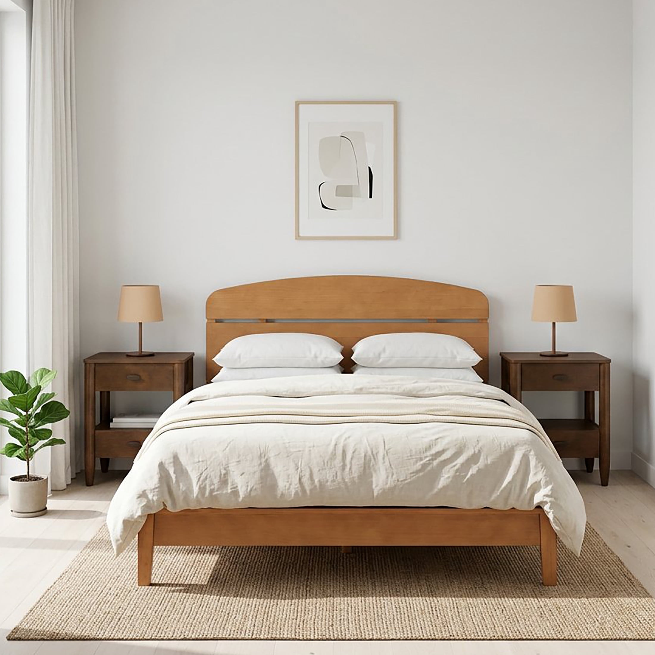 Christopher Knight Home King Platform Bedroom Set, Curved Headboard Bed with 2 Nightstands, Light Brown+Walnut