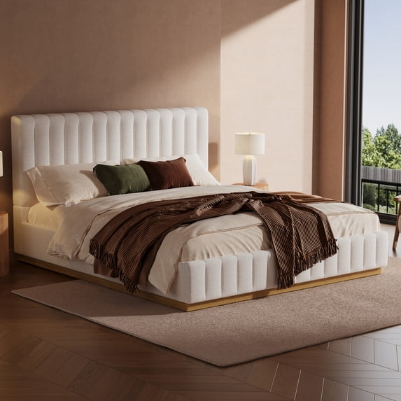 Christopher Knight Home King Size Bed Frame, Linen Upholstered Thick Headboard with Solid Wood Base, Beige