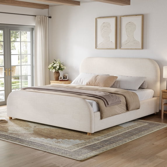 Christopher Knight Home King Size Bed Frame With Linen Upholstered Curved Headboard, Solid Wood Legs, Beige