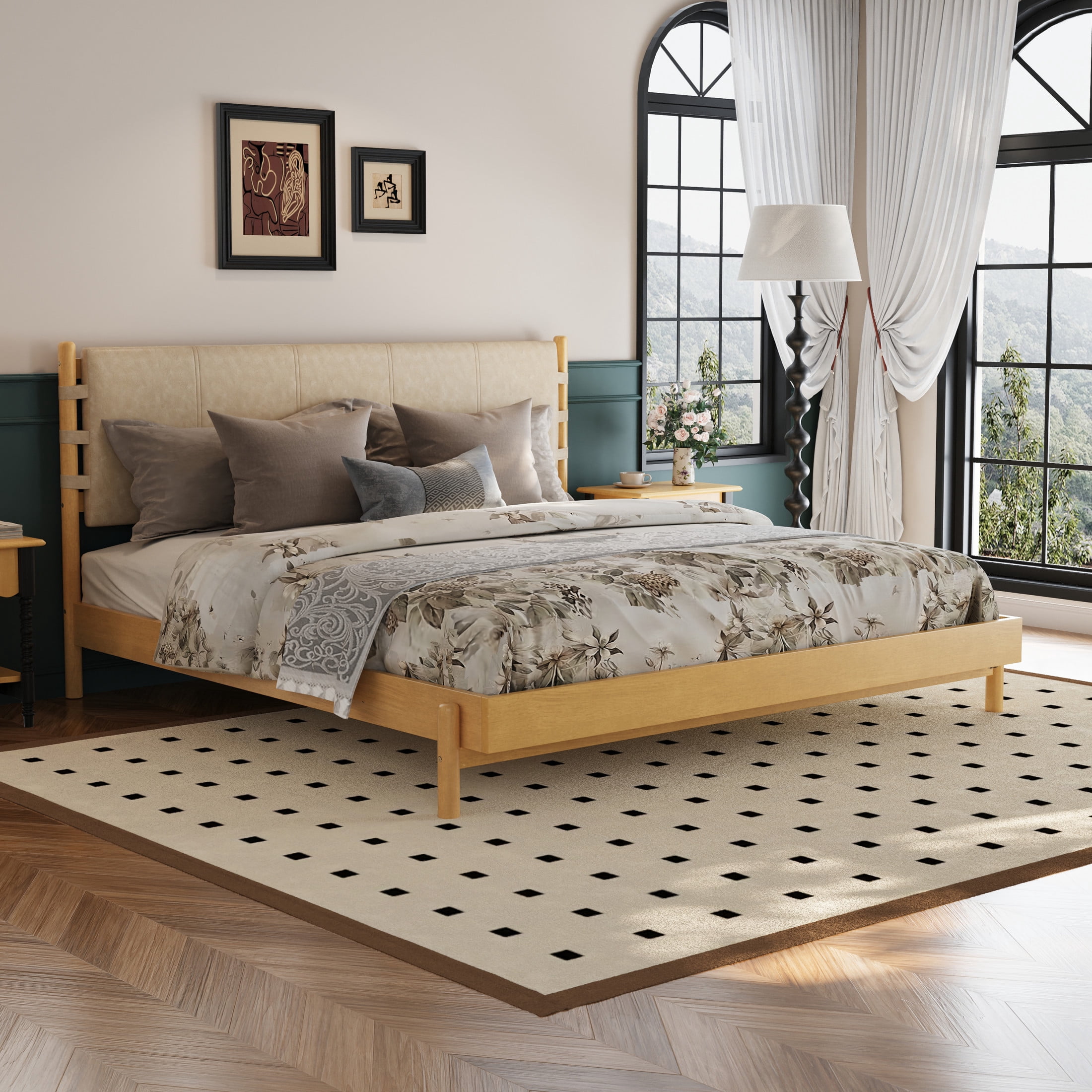 Christopher Knight Home King Size Platform Bed with Headboard, Solid Wood Frame, Natural+Beige
