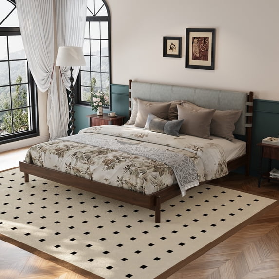 Christopher Knight Home King Size Bed Frame with Headboard, Platform Bed with Solid Wood Frame, Walnut+Light Grey