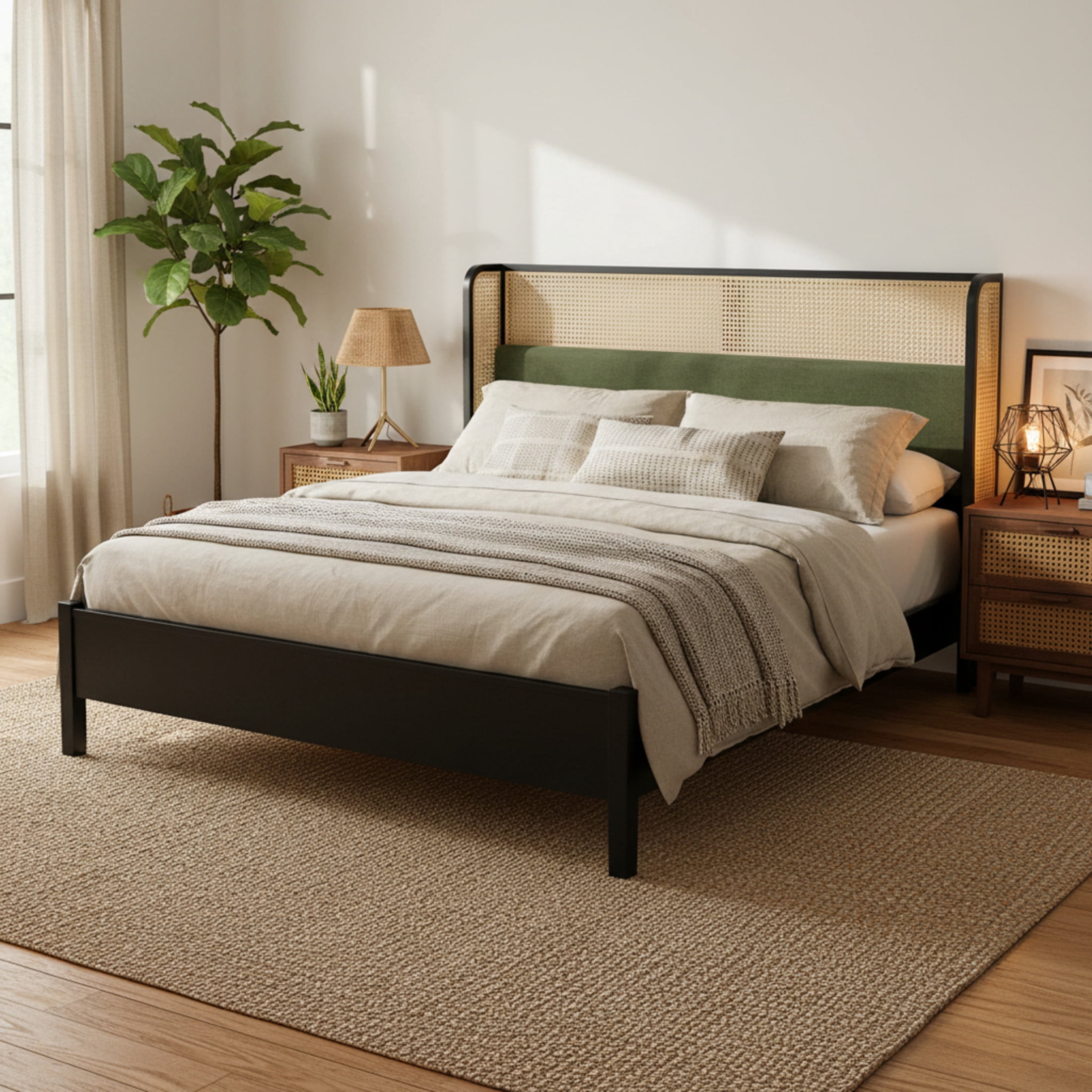 Christopher Knight Home King Size Bed Frame with Rattan Headboard, Contemporary Style, Green+Black