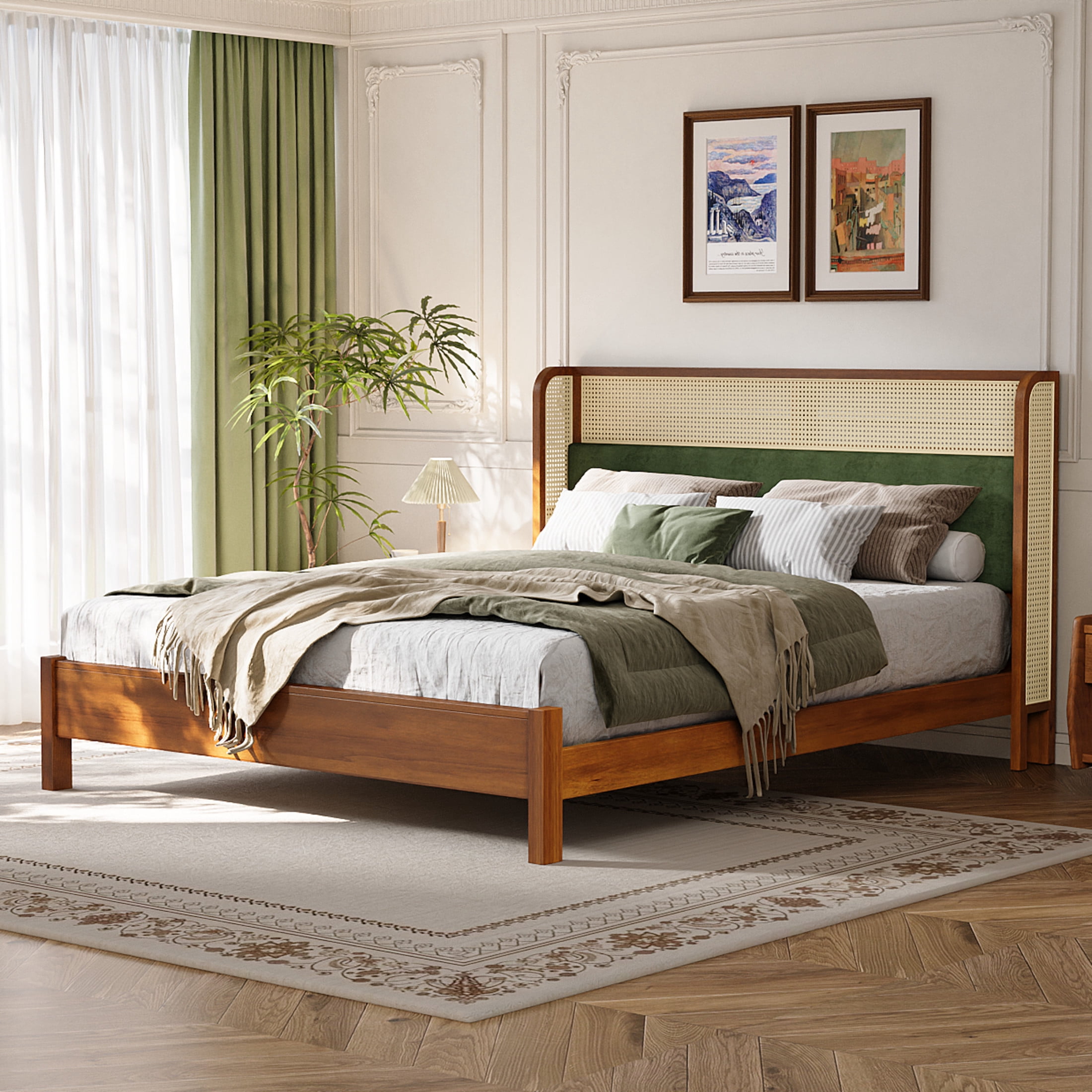 Christopher Knight Home King Size Bed Frame with Rattan Headboard, Contemporary Style, Green+Walnut