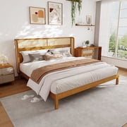 Christopher Knight Home King Platform Bed with Rattan Headboard, Solid Wood Frame, Natural Finish, King Size